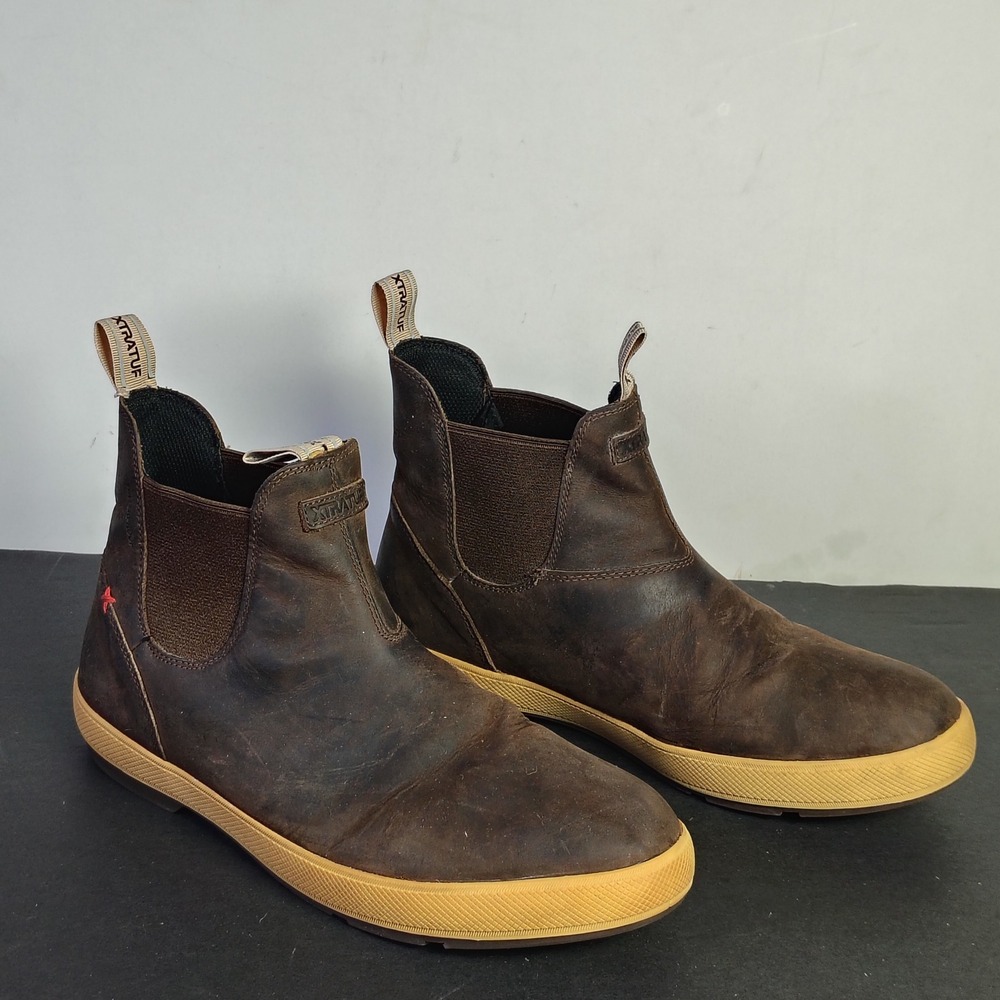 XTRATUF Mens Leather Ankle Deck Boot Size 11 Brown Waterproof Slip Resistant